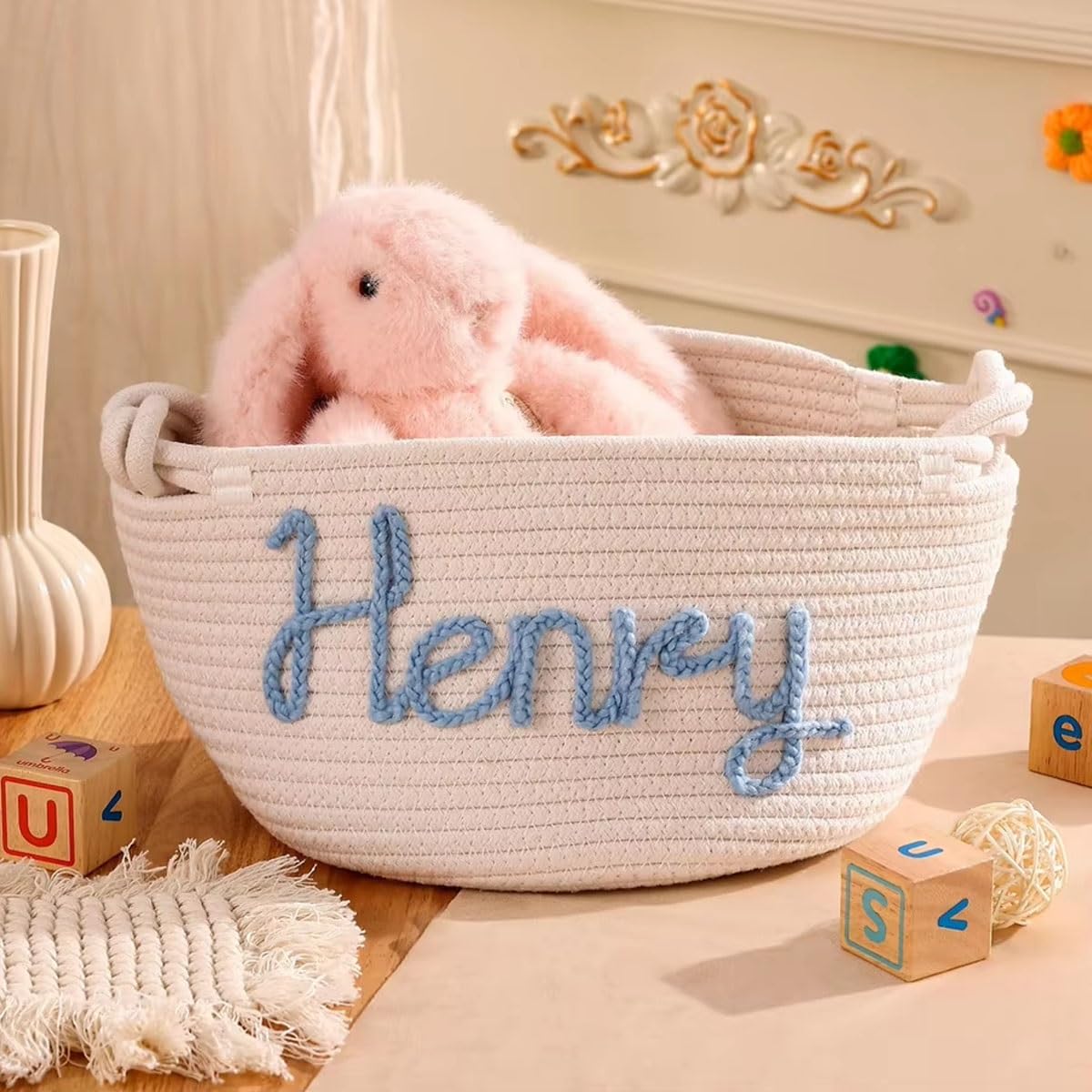 Panier Cadeau Personnalisé Bébé - Corde Coton Avec Nom - Rangement Jouets Baby Shower (S:19x12x27cm)