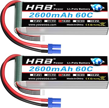 HRB 2packs 4S 2600mAh Lipo Battery EC3 14.8V 60C RC Lipo Battery Compatible with RC Helicopter Airplane Car Boat Truck