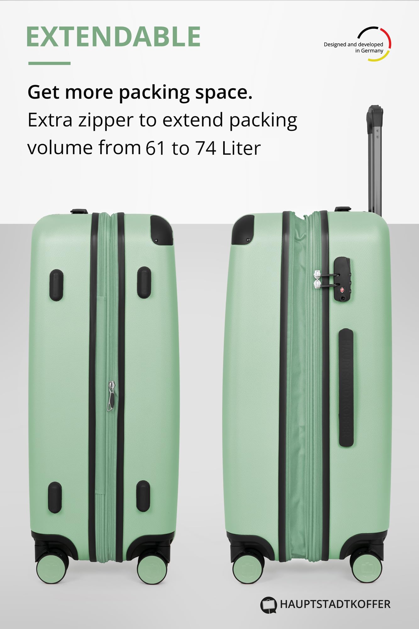 HAUPTSTADTKOFFER - Spree - Maleta rígida giratoria, Trolley expansible, ABS, TSA, 65 cm, 82 L, Menta