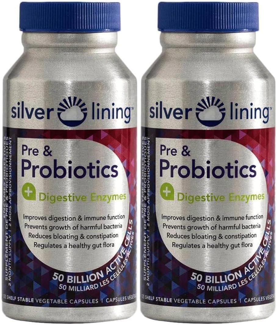 Silver Lining Pre & Probiotics + Digestive Enzymes | 50 Billion CFU/Active Cells | Digestive & Immune Function Support, Reduces Bloating | Shelf-Stable Formula | 120 Count (Pack of 1)