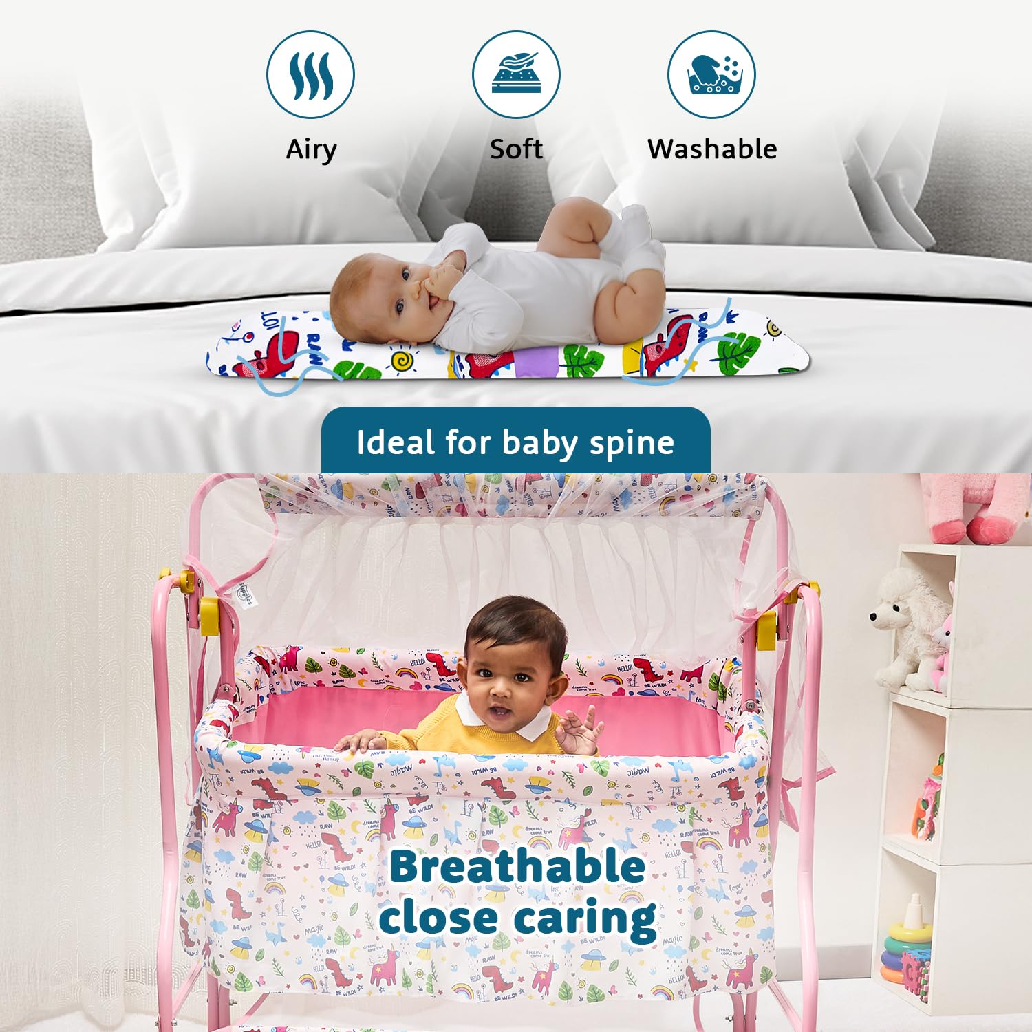 Amazon Brand - Supples Baby Cradle with Swing & Mosquito Net | 0–8 Months | Swing Lock | 4 Wheels with Brake | Soft & Comfortable for Baby Sleep | Sturdy Mild Steel Frame | Pink 1