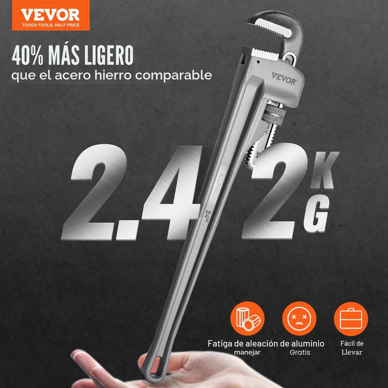 VEVOR Llave para Tubo Recto de Aluminio 61 cm Llave para Plomería Ajustable Mandíbula de Alta Resistencia Mango Ergonómico Fácil de Transportar para Tuberías de Agua Reparaciones de Automóviles