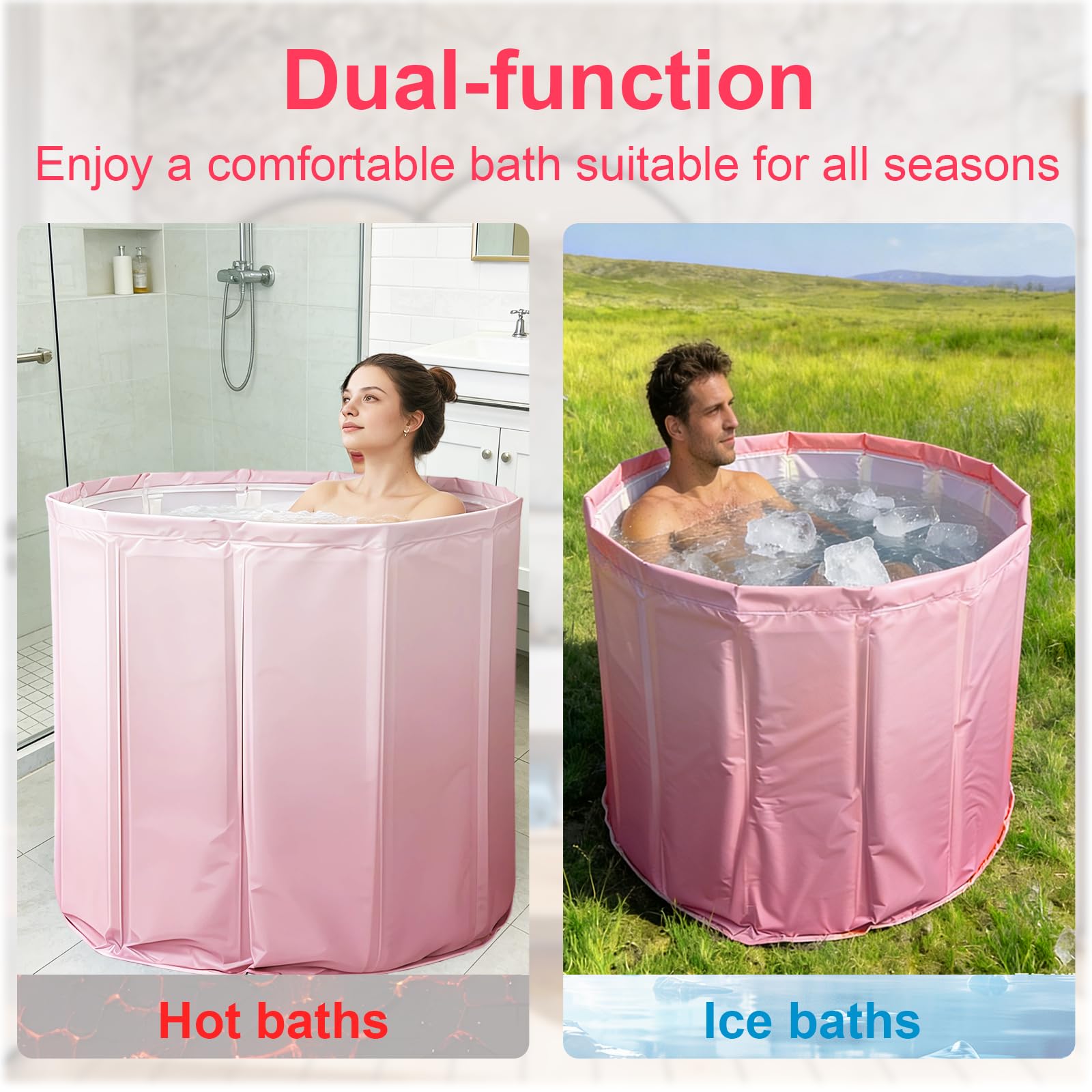 Faltbare Badewanne 70×65 cm für Erwachsene – Tragbare tiefe Badewanne für Warm- und Kaltwasser mit Ablaufschlauch und Sitzkissen, Platzsparende Faltbadewanne für kleines Bad (Rosa)