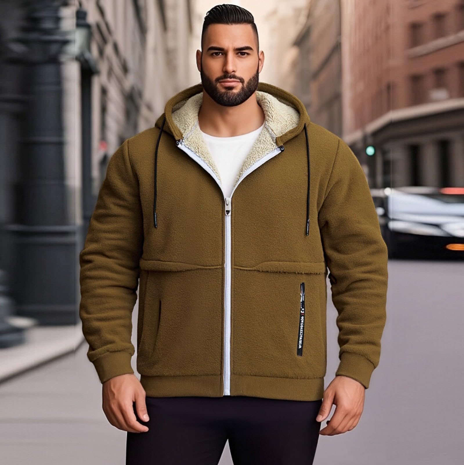 Sherpa-Kapuzenpullover und Winterjacke für Herren, mit durchgehendem Reißverschluss, dickes Fleece, Kapuzen-Sweatshirt mit warmer Beschichtung, lässige Outdoor-Kleidung für Winteraktivitäten und