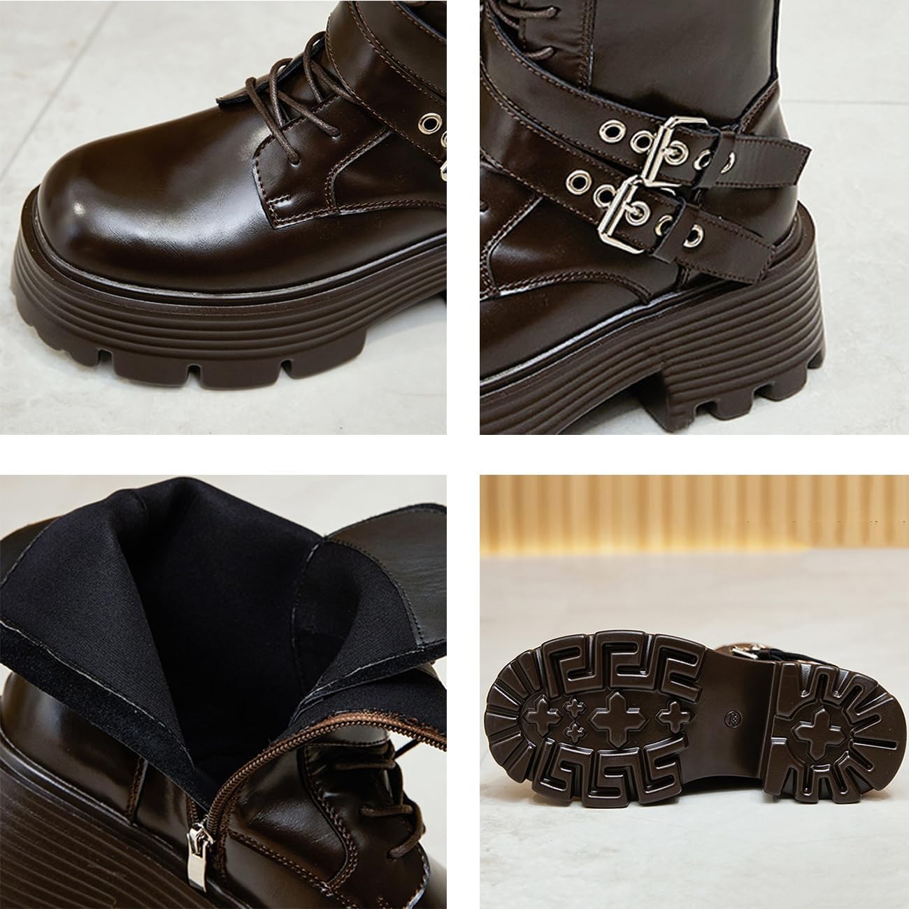 Womens Lace Up Ankle Boots Side Zip Lug Platform Motorcycle Boots Fashion Combat Boots
