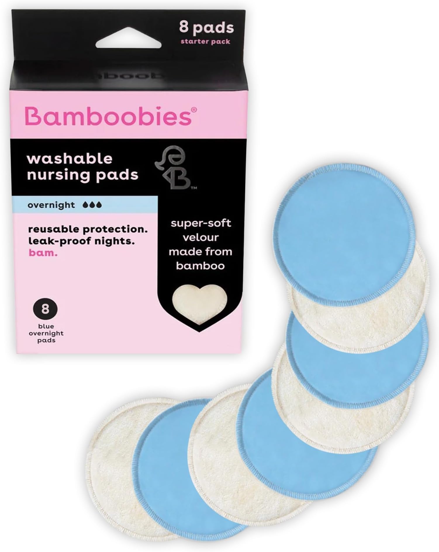 Bamboobies Overnight Nursing Pads, Ultra-Soft Velour, Reusable and Washable for Nightly Use, Leak-Proof Pads for Breastfeeding, 8 Pads