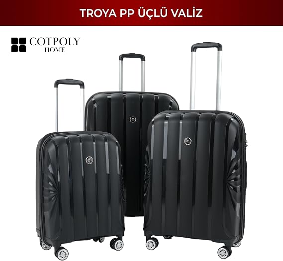 COTPOLY Troya 3'lü Valiz Seti, Polipropilen Valiz, Troya Darbeye Dayanıklı Bavul (Siyah Üçlü Set)