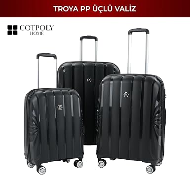 COTPOLY Troya 3'lü Valiz Seti, Polipropilen Valiz, Troya Darbeye Dayanıklı Bavul (Siyah Üçlü Set)