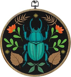 Flower Beetle Decor Framed Round Wall Decor Canvas Wall Art Gothic Boho Botanical Nature Hanging Prints Cottagecore Artwork for Home Bedroom Bathroom Living Room Housewarming Birthday Gift 10.2X10.2In