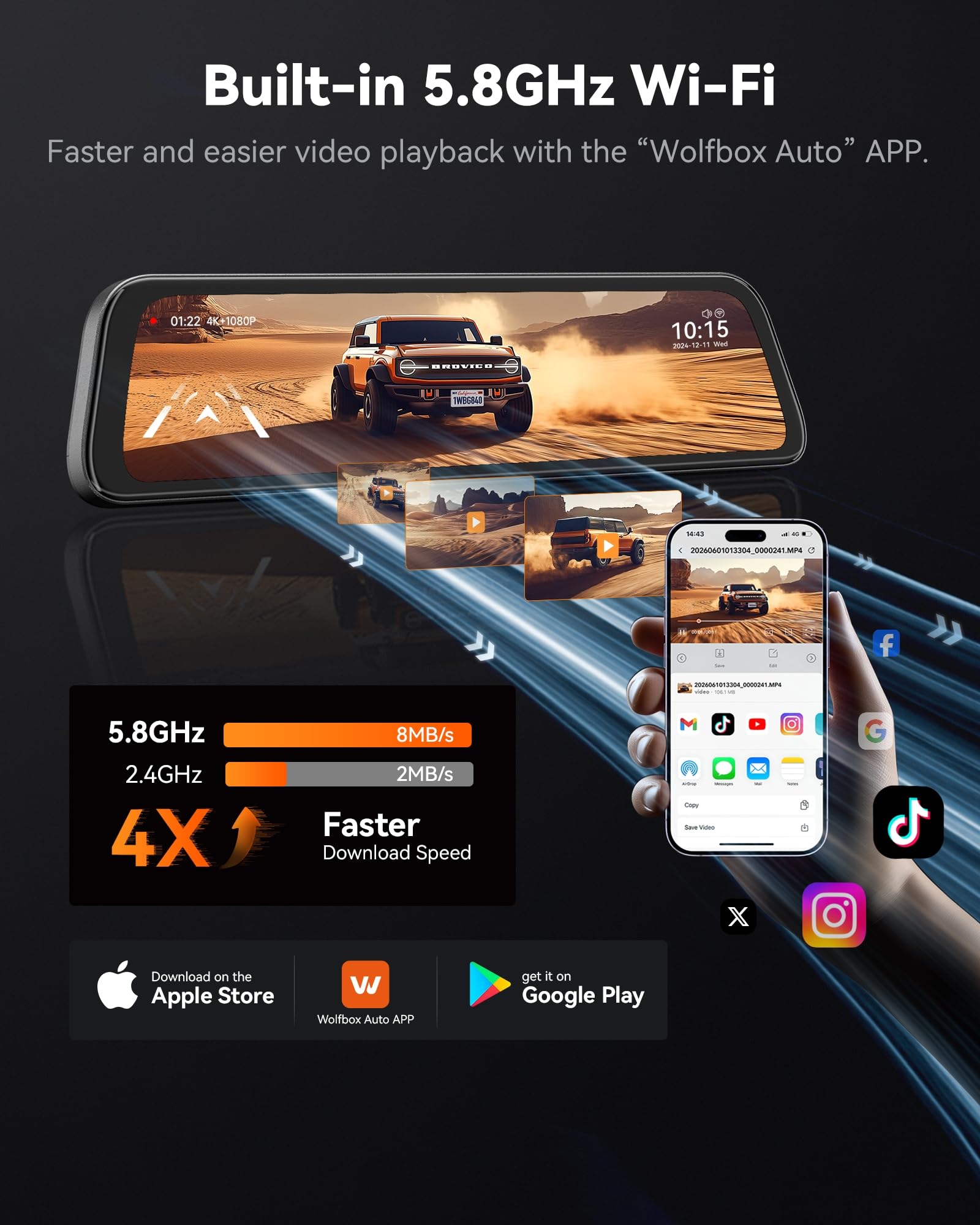 WOLFBOX Lustrzana kamera samochodowa przednia tylna 12" Full HD ekran dotykowy 2160P nagrywanie wsteczne podwójny samochód zapasowa super nocna pomoc parkowania GPS szeroki kąt 32 GB karta TF