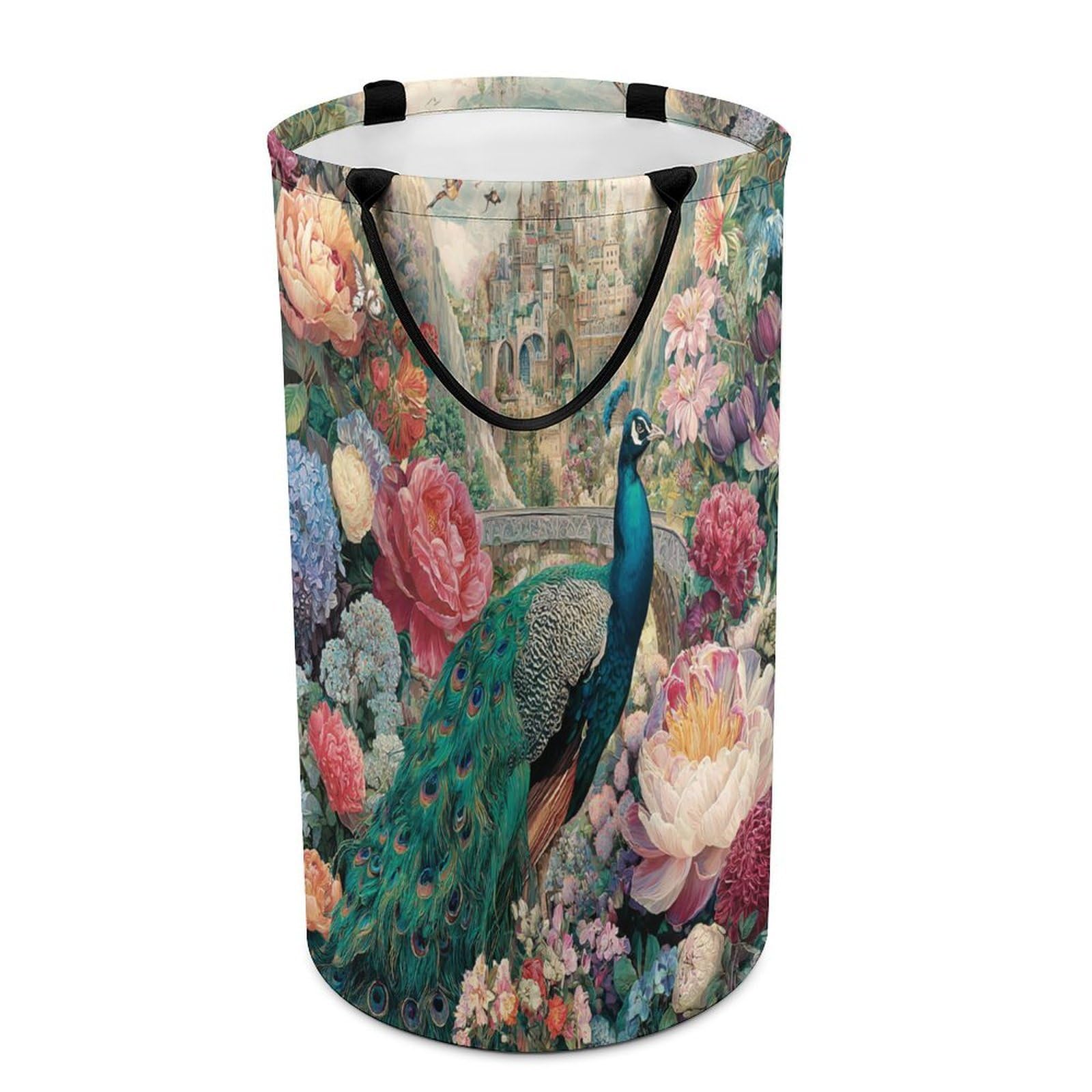 LUYYSKY Elegant Realistic Birds Peacocks Collapsible Dirty Clothes Basket, Beautiful Abstract Castles Animals Peacocks Plants Flowers Portable Clothes Storage Basket