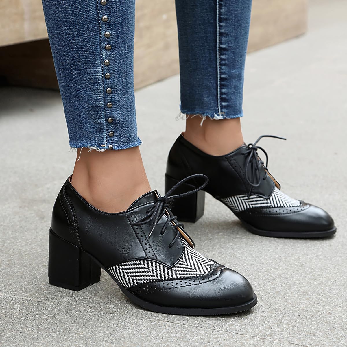 SACFOF Women's Chunky High Heels Wingtip Oxfords Round Toe Lace Up Stacked Block Heel Vintage Round Toe Brogues Pumps Shoes