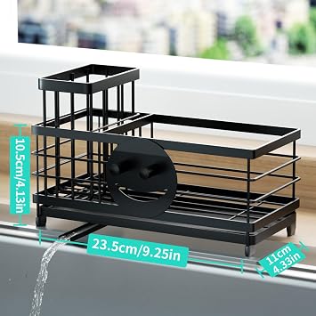 HapiRm Sponge Holder for Kitchen Sink - Self-draining Sink Caddy with Smiley Face and Brush Holder, Stainless Steel Kitchen Countertop Essentials and Gadgets - Black