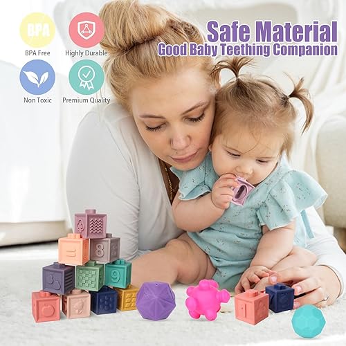 Miniatura 4 de LittleElves Juguetes Montessori 3 en 1 para bebés de 18 meses, juguetes para bebés de 2 años, bloques apilables para bebés, juguetes de dentición