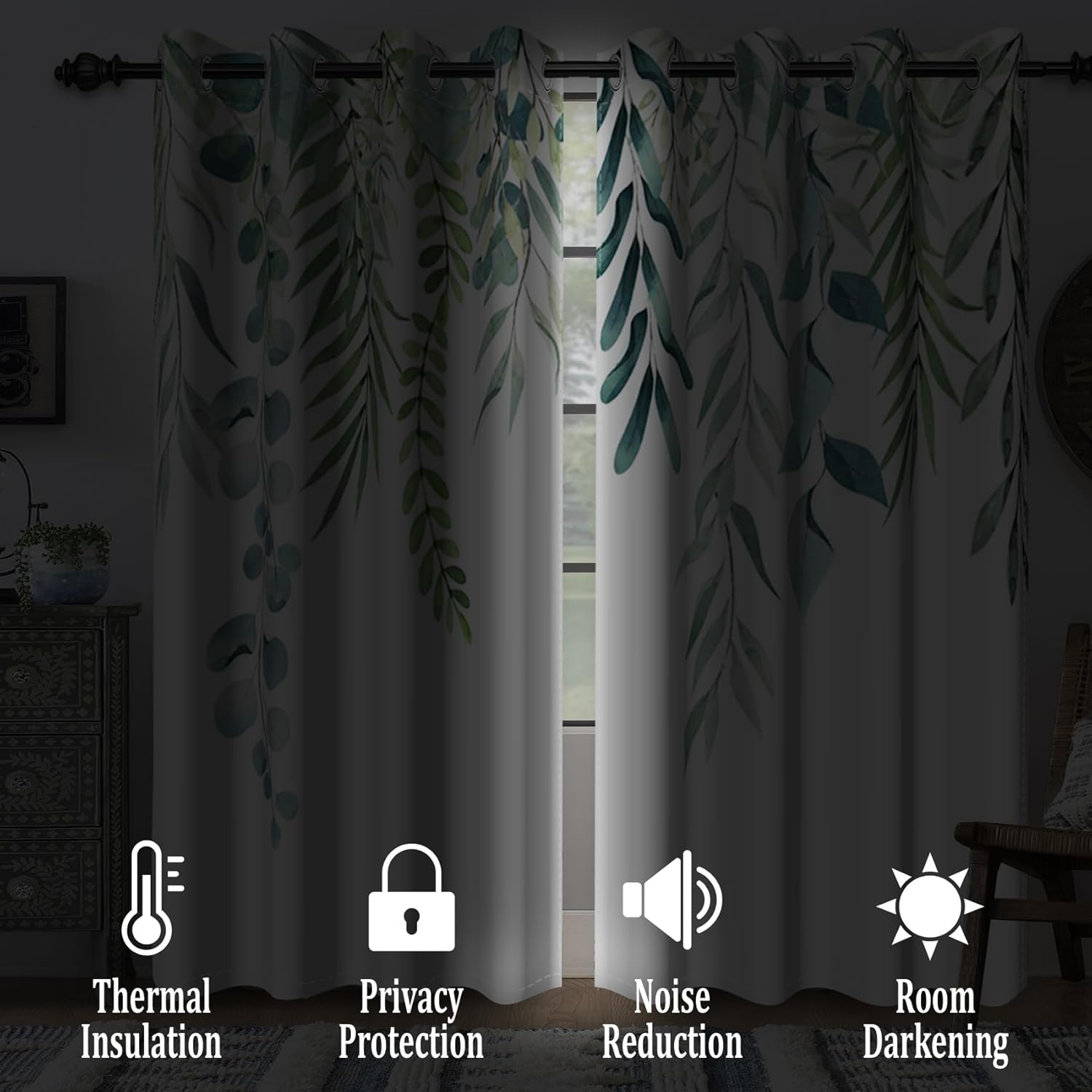 Renaiss Sage Leaves Blackout Curtains for Bedroom Watercolor Green Leaves Window Curtain Eucalyptus Leaf Plant Window Drapes for Living Room Decor Darkening Curtains 2 Panels Set, 42x63 Inch