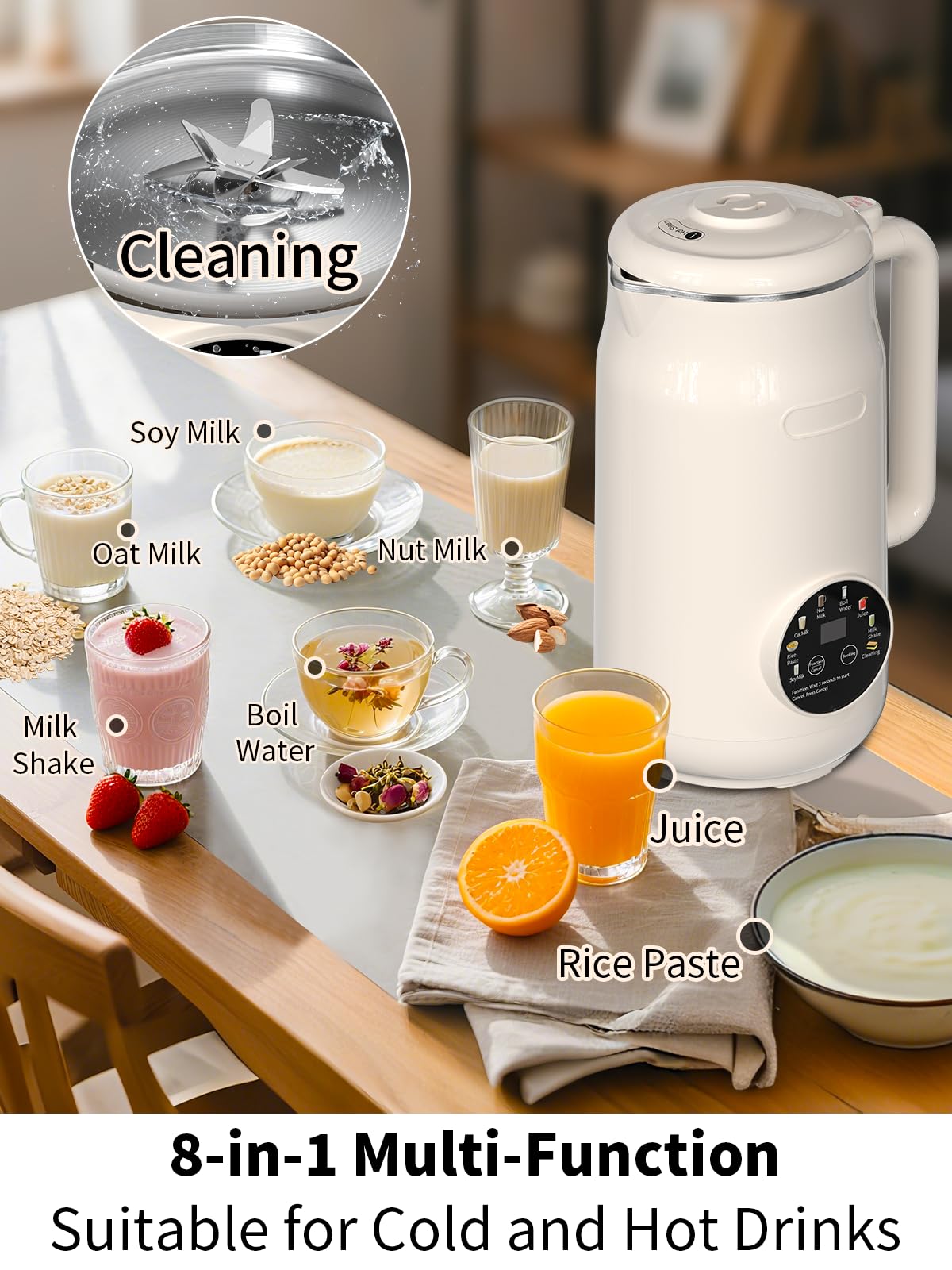 Máquina 8 en 1 para hacer leche de nueces, máquina automática de leche de soja de 50 onzas con 10 cuchillas, licuadora para leche a base de plantas, avena, almendras, jugo, pasta de arroz y más con