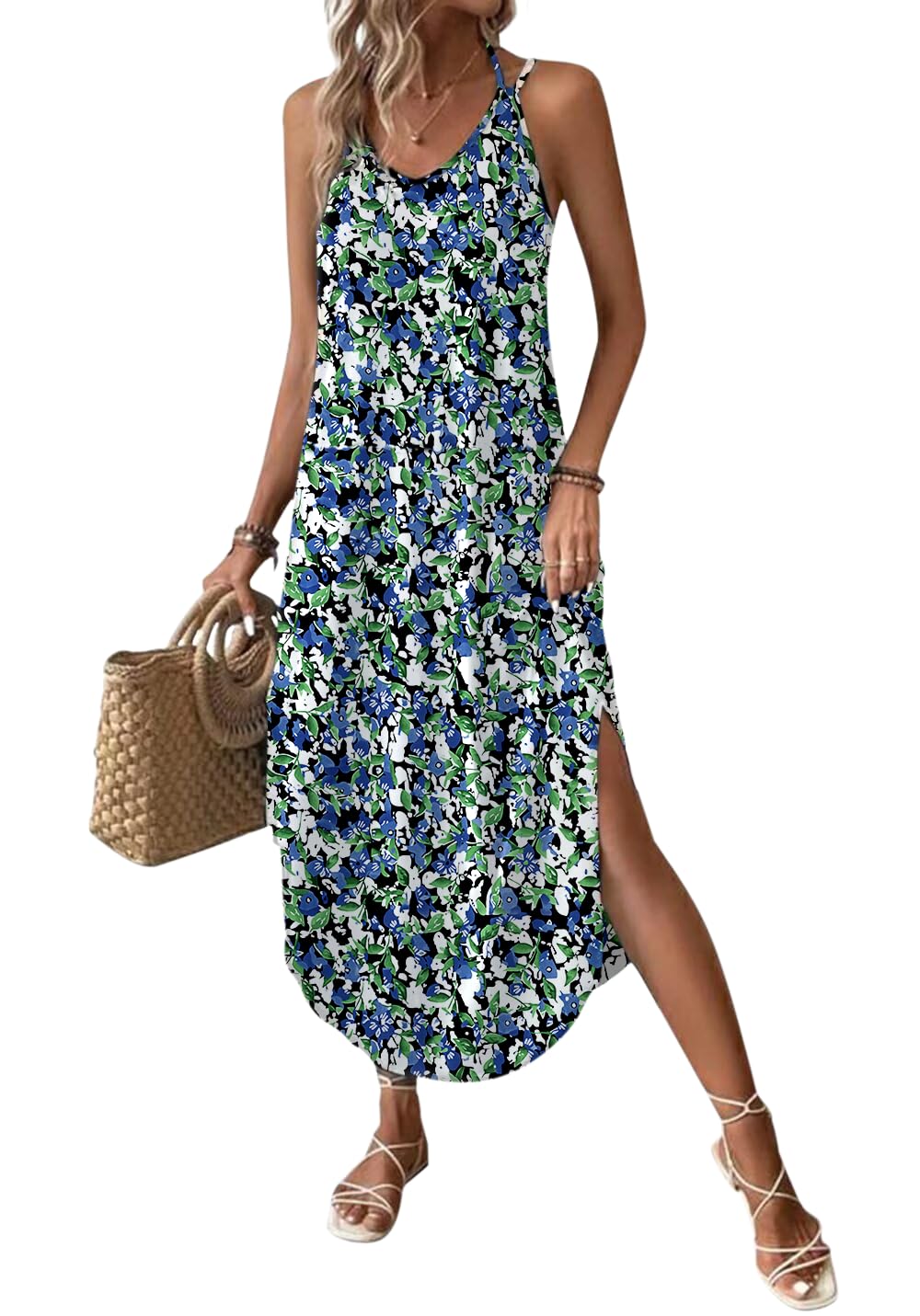 AUSELILY Zomerjurk voor dames, mouwloos, knielange jurk, zomer, casual, strandjurk, lichte swing, tankjurk met zakken, L