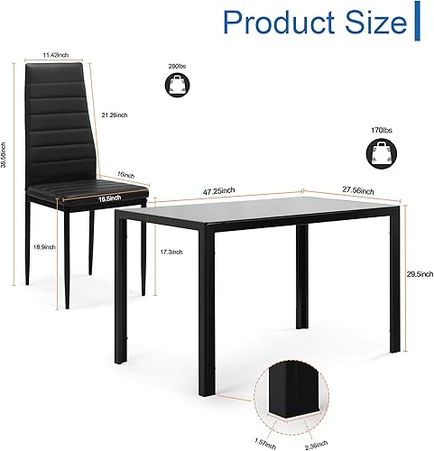 Miniatura 6 de Henf Juego de mesa de comedor de 5 piezas moderno juego de mesa de comedor para 4 personas con mesa superior de cristal templado y 4 sillas de piel