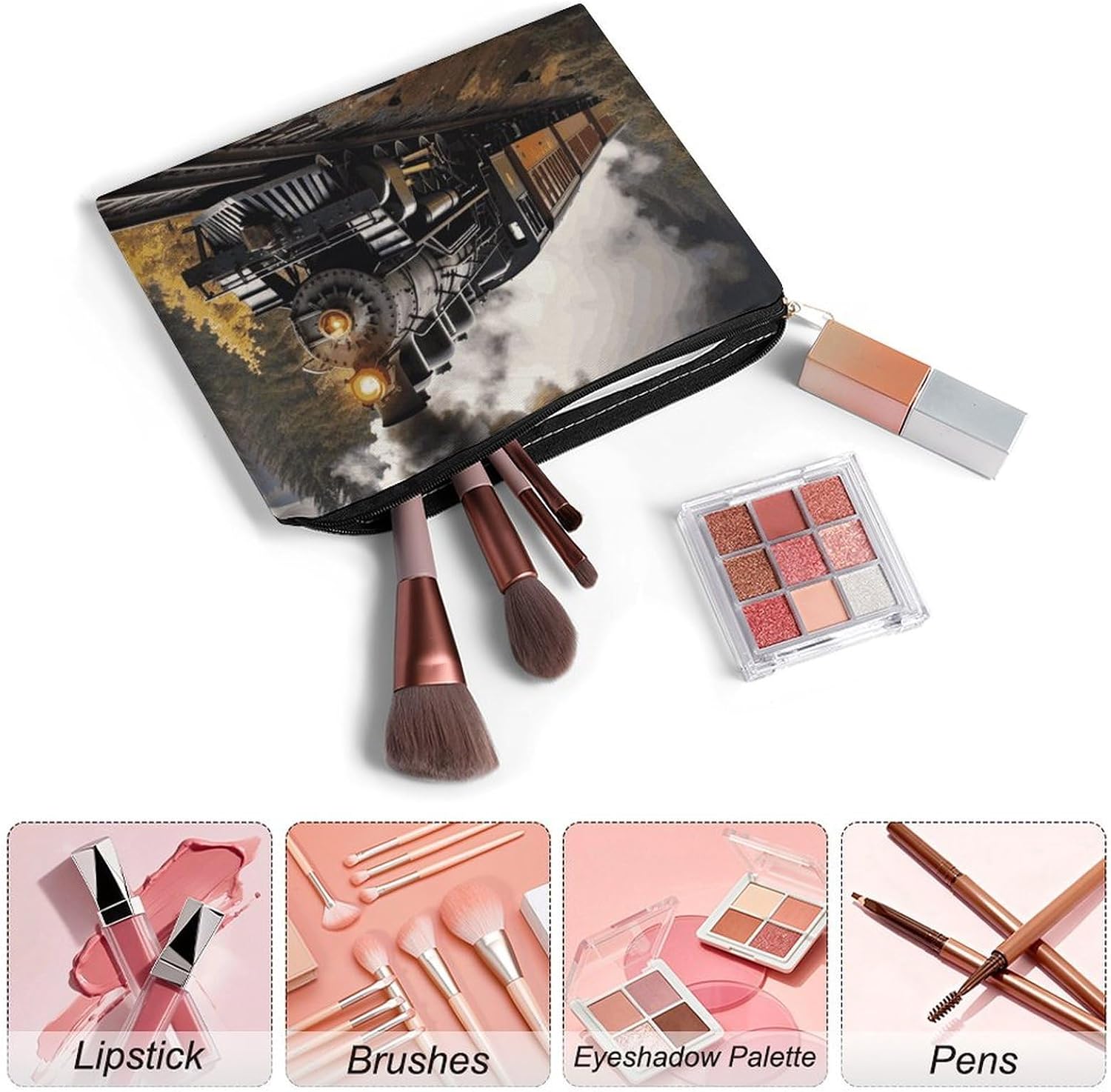Lightweight Polyester Steam Train Makeup Bag with Zipper image 3