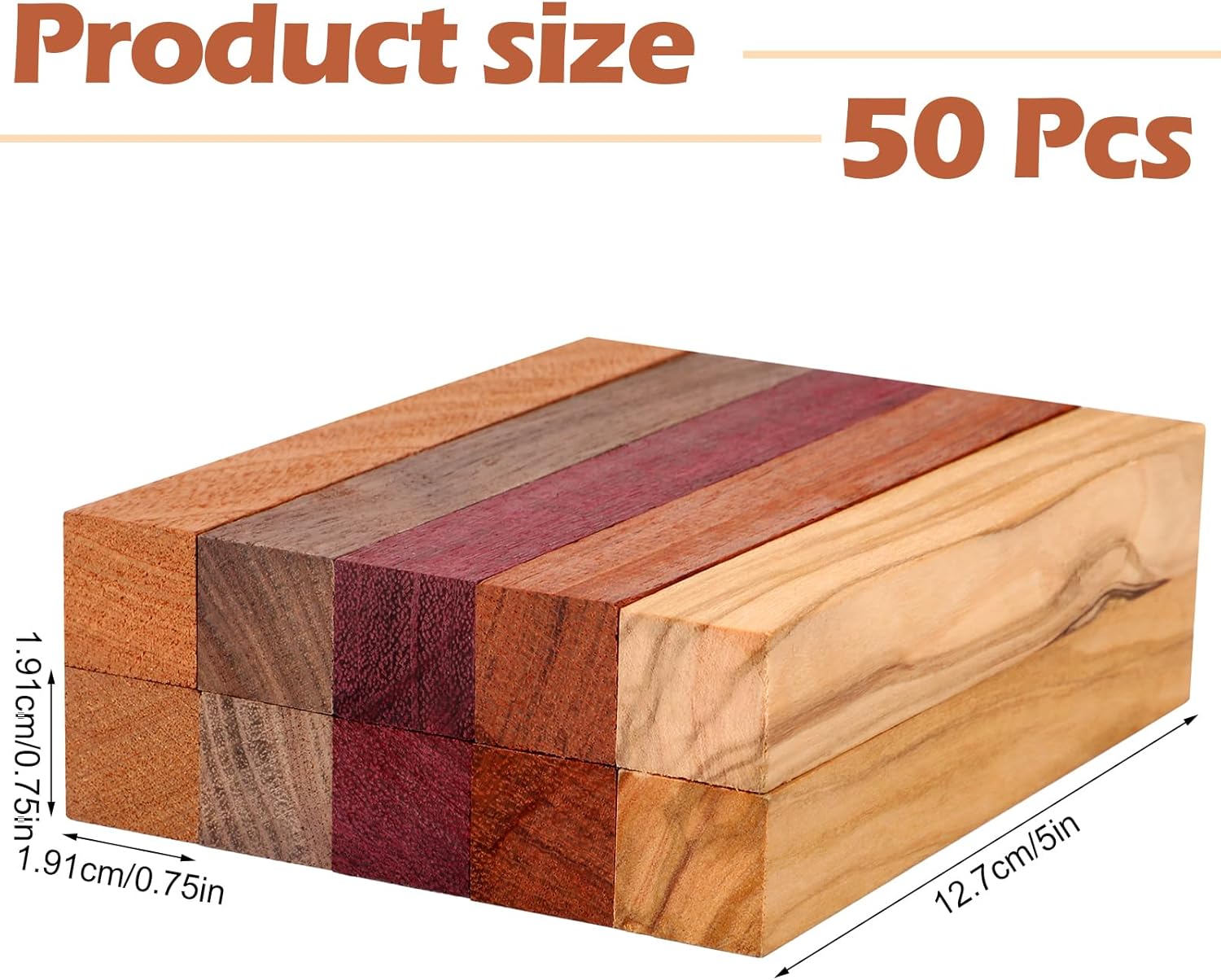 Qilery 50 Pcs Exotic Wood Pen Blanks Turning Supplies DIY Crafts Pen Turning Kit, Black Walnut, Cherrywood, Peltogyne, Zebrawood, Bubinga, 5 x 3/4 x 3/4 Inch