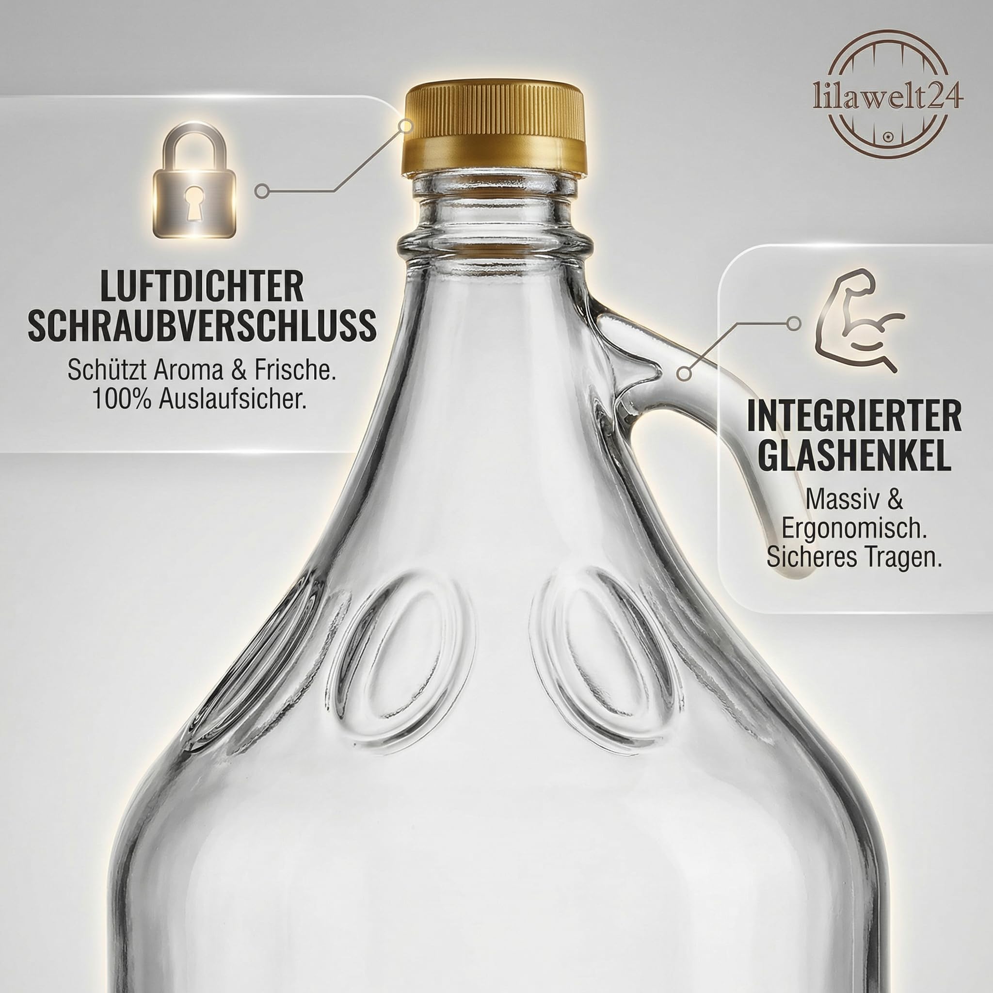 lilawelt24 6 x 5L Glasballon (Gallone) mit Schutzkorb, Schraubverschluss & Henkel - Glasflasche für Wein, Gärung & Saft - EU-Qualität
