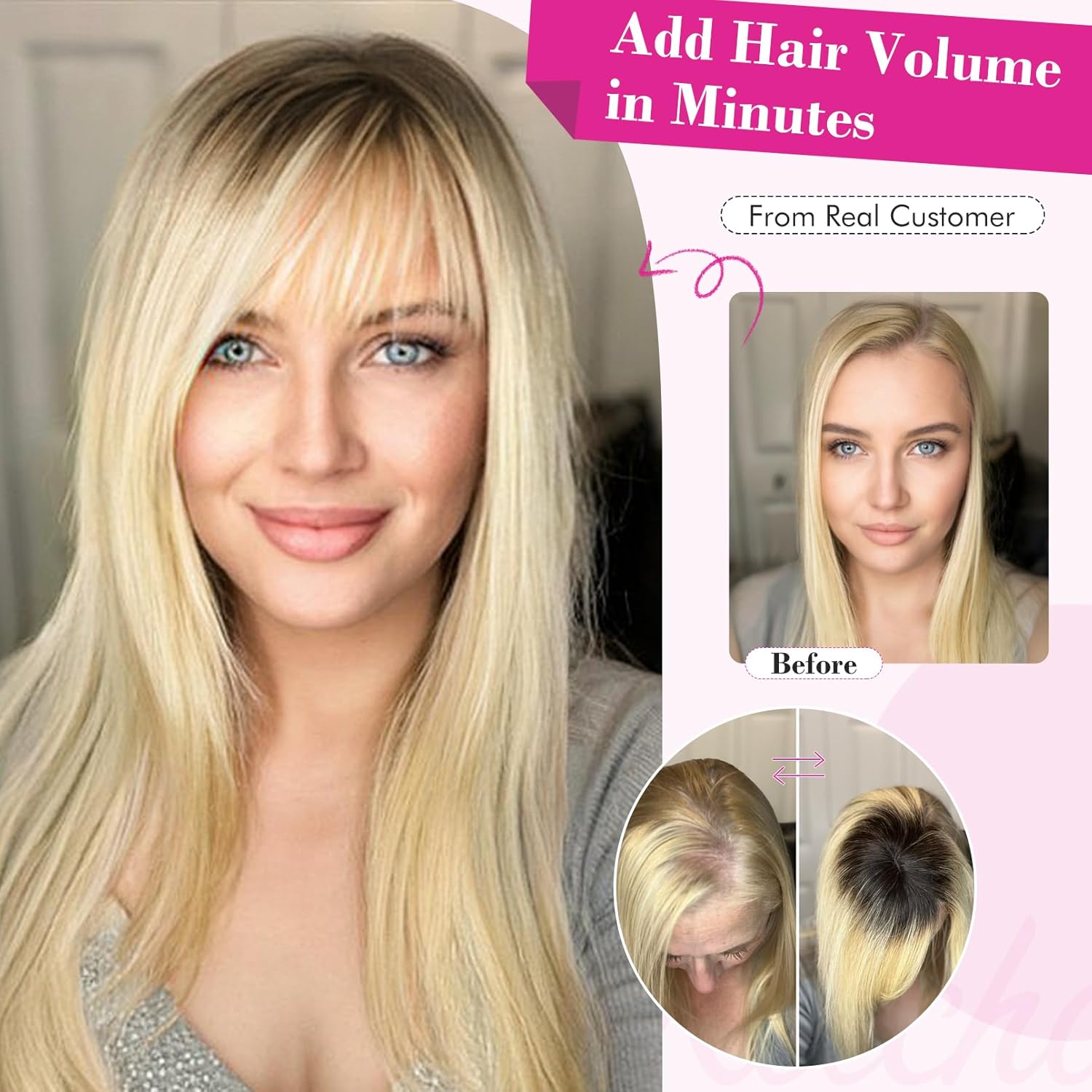 REECHO Real Human Hair Toppers for Women, 10 inch with Bangs, for Thinning Hair, Grey