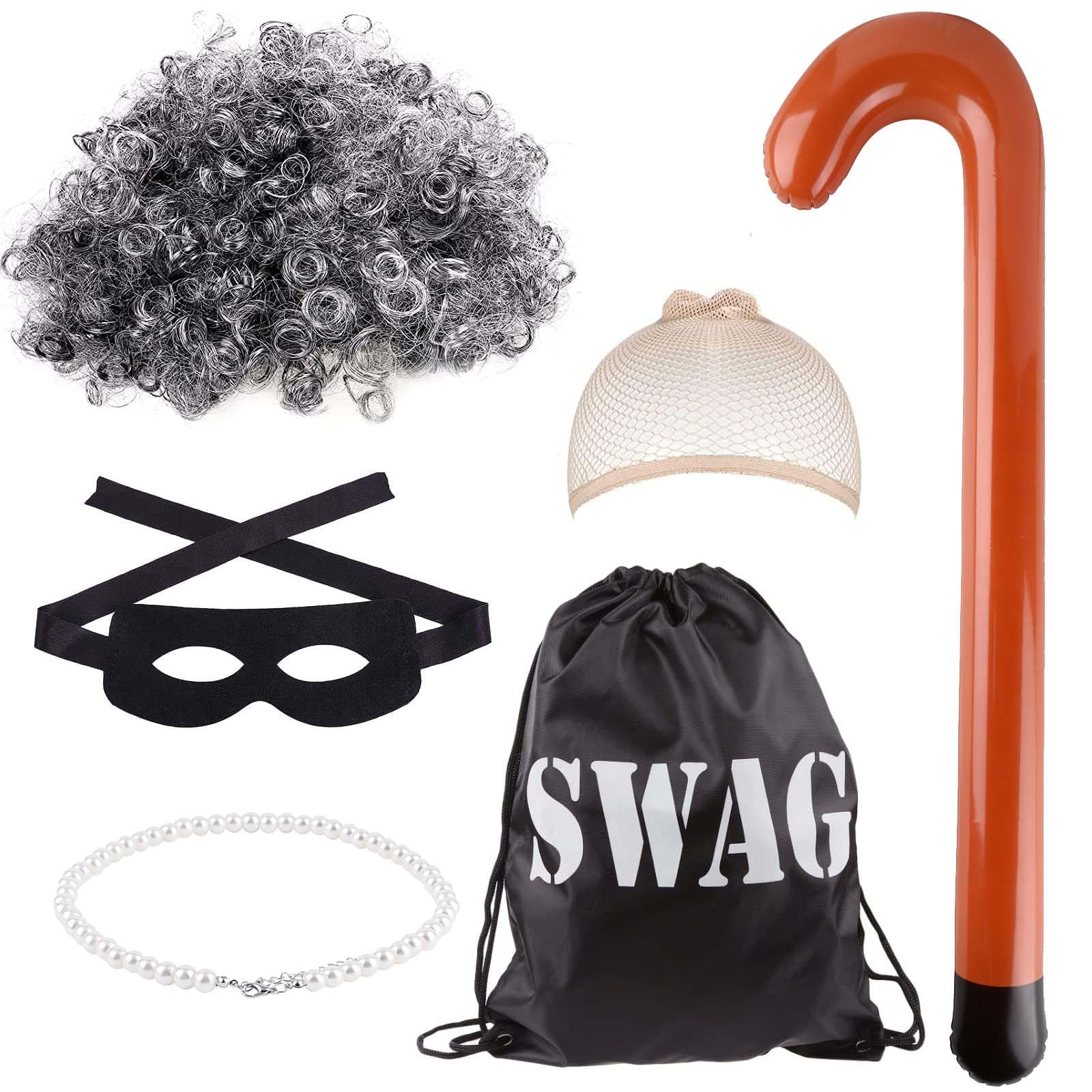 Kavoc 5Pcs Gangster Granny Costume Set Include Grey Wig Hairnet Bag Eyemask Necklace and Inflatable Cane for kids World Book Day Dress Up