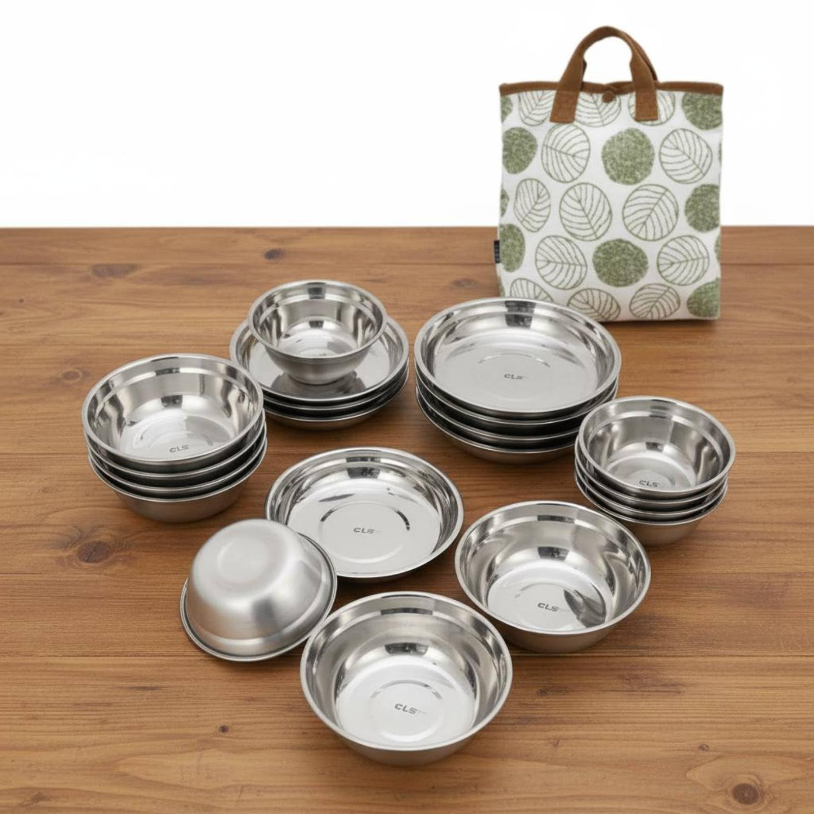 rockible 20 Stück Outdoor Camping Geschirr Set Teller Schüsseln Campinggeschirr Picknickgeschirr Edelstahl Stapelbar Platzsparend mit Stofftasche für Camping Picknick Ausflüge Garten Reise