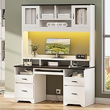 Bestier 77.8" H Executive Desk with Hutch, Modern Wood Computer Desk with Drawers, Charging Station, LED Light, Fluted Storage Cabinet, Keyboard Tray, 59" W Office Desk for Home Office, White