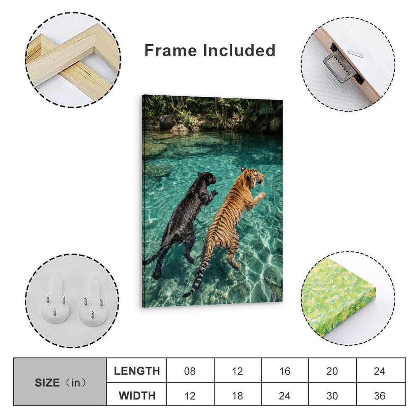 Póster de tigre y blanco nadando en el río de la selva, impresión en lienzo de gatos salvajes, arte de pared tropical para amantes de la naturaleza, 60 x 90 cm