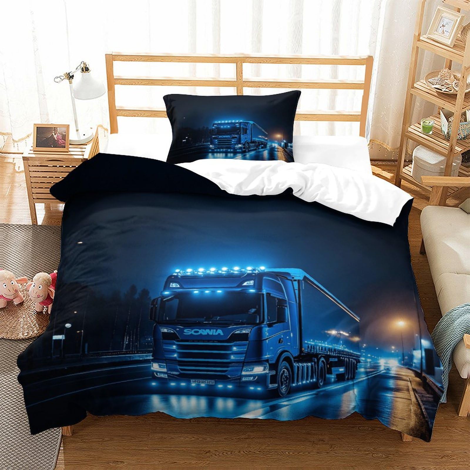 XiaopangXY Lorry Bedding Set with Zipper Comforter Cover 3D Printed Truck Quilt Cover with Pillowcase Duvet Cover Microfiber for Childrens And Adults Single（135x200cm）