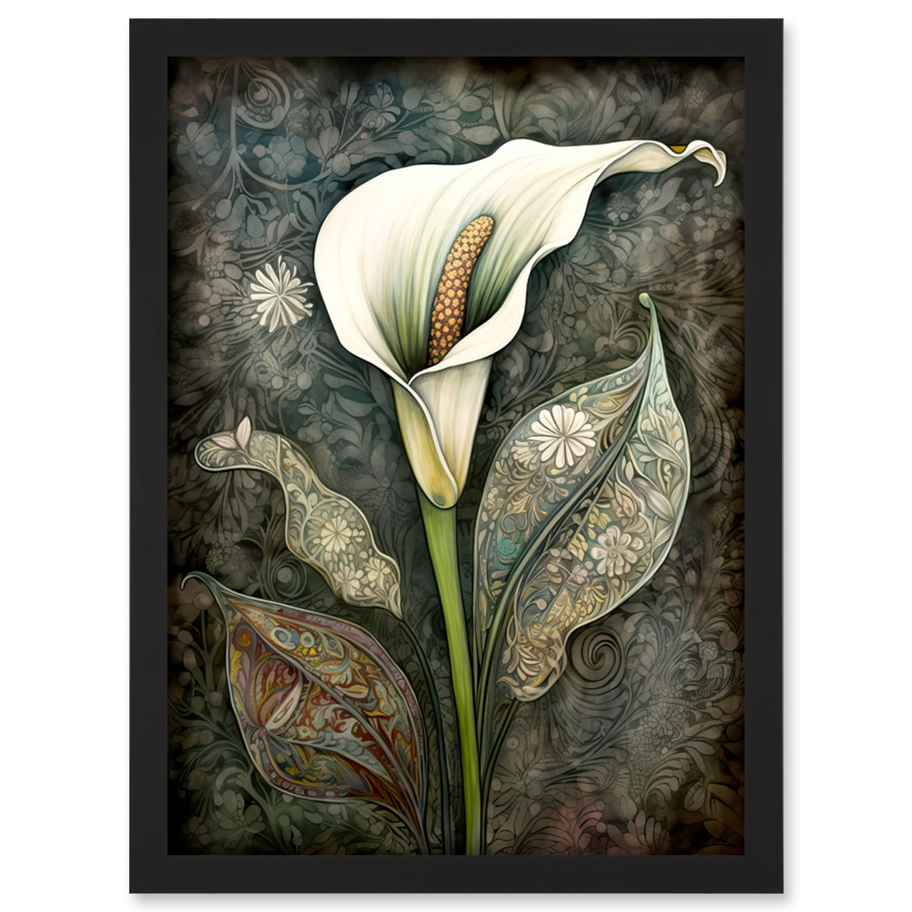 Artery8 Calla Lily Flower Bloom with Batik Style Patterns Artwork Framed Wall Art Print A4