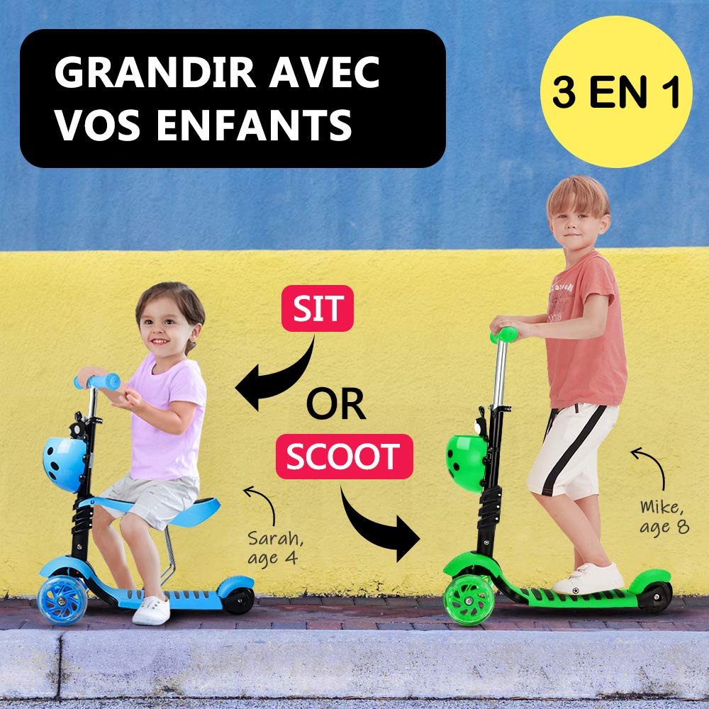 YOLEO Trottinette avec Siège 5 en 1, 3 Roues Plateau Antidérapant LED, Patinette réglable en Hauteur Classiques, Idéal Cadeau pour Enfants 2 a 6 Ans