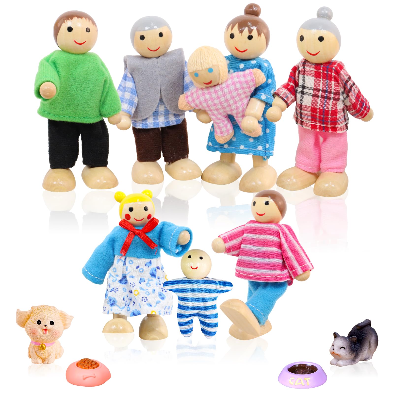 Ensemble Famille Poupées en Bois pour Maison 14 Pièces Personnages de Maison de Poupée avec Chat et Chien pour Accessoires de Jeu de Rôle et Cadeau