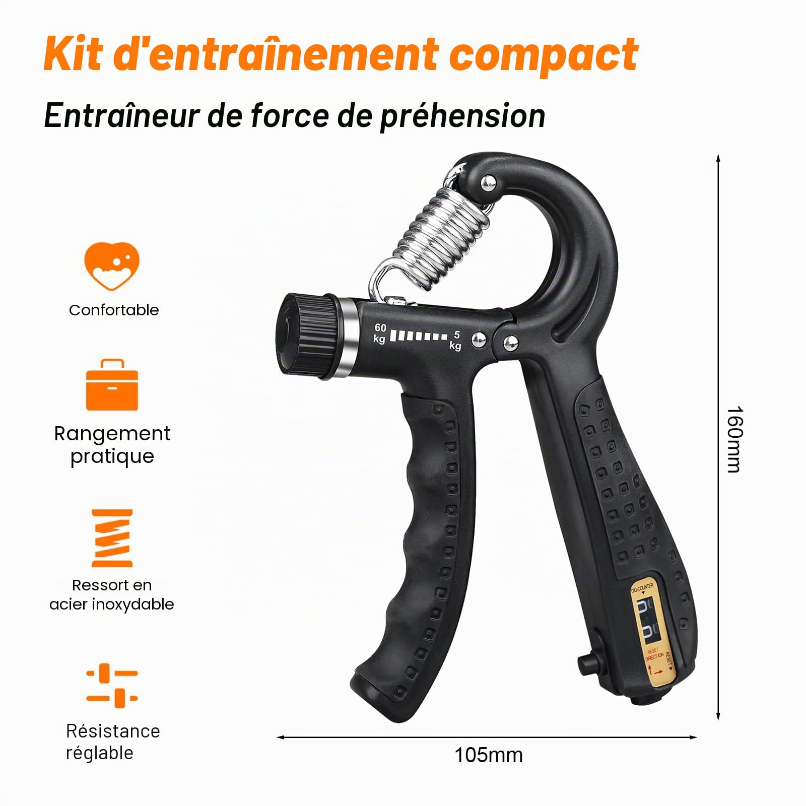 GRIFEMA GA5003, Hand Grip, Grip Musculation avec Compteur, Résistance Réglable 5-60kg, pour Athlètes et Exercices de Récupération de la Main, Noir