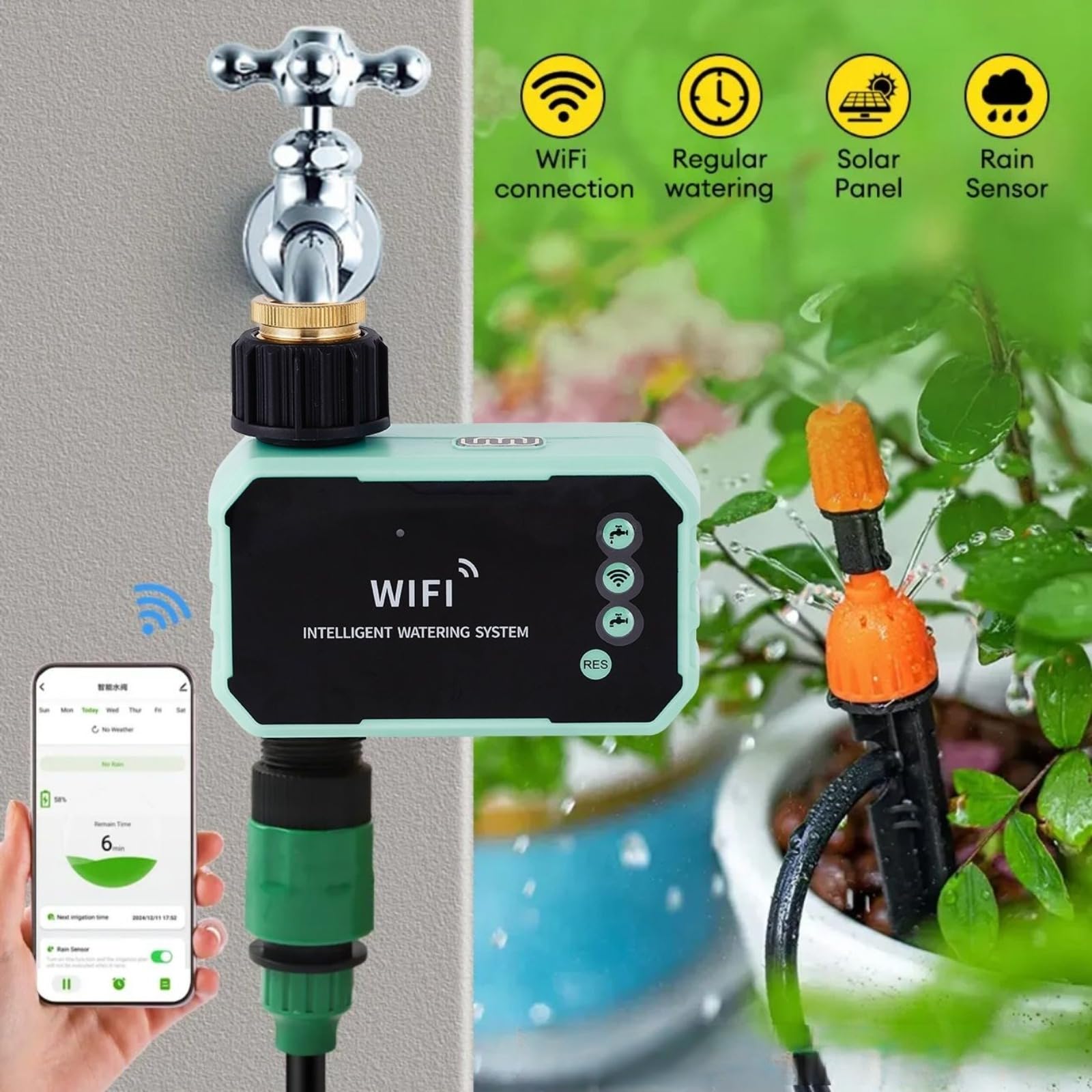 Regolatore di irrigazione WiFi automatico da giardino con sensore di pioggia IPX5 Controllo del rubinetto alimentato per prato