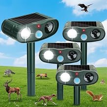 4-Pack Solar Animal Repellent Outdoor Sonic Fortress Pro Deer Repellent Devices&Ultrasonic Cat Repeller for Yard & Garden, Waterptoof Raccoon Squirrel Deterrent with LED Flash Lights