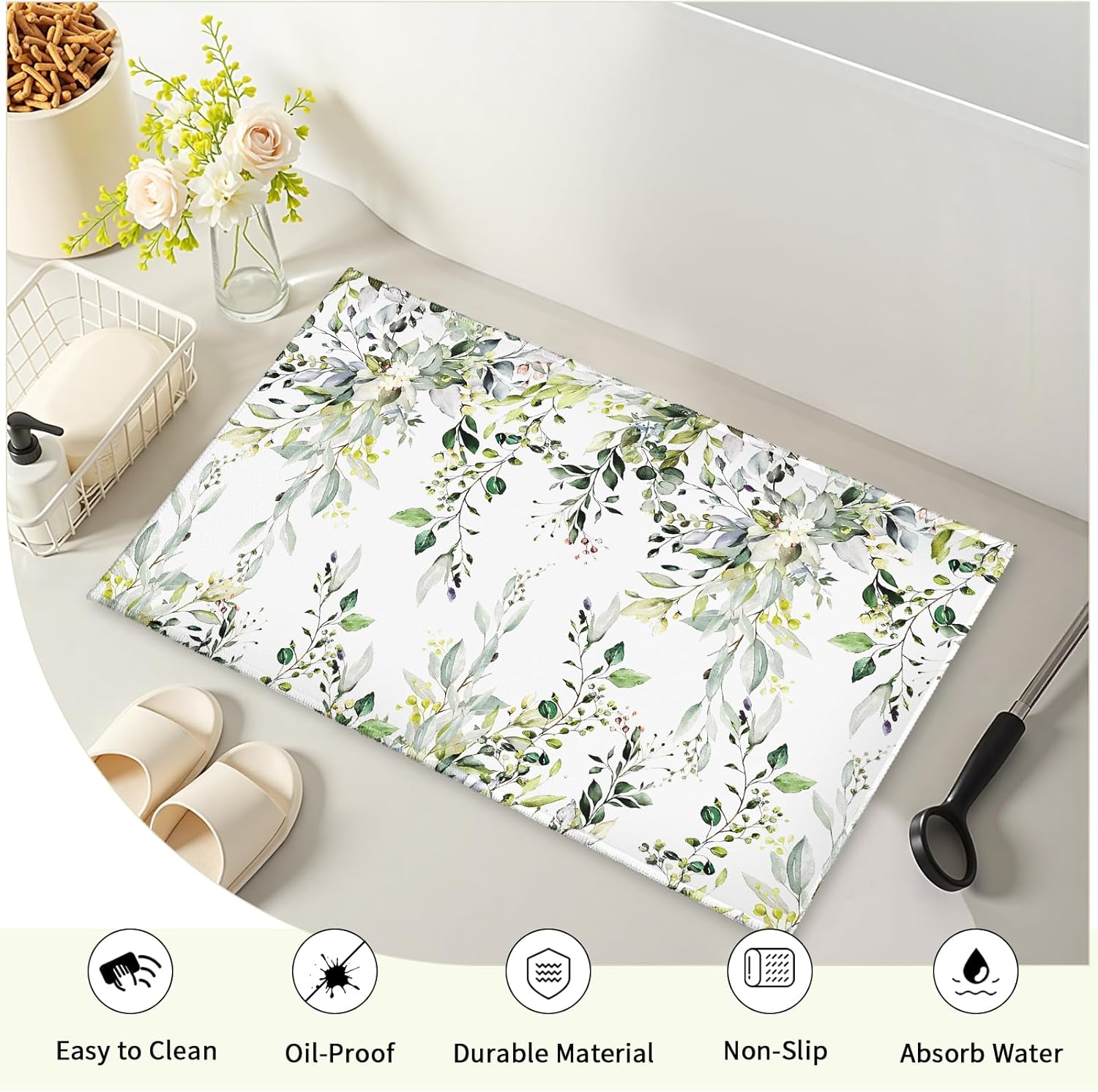 Green Eucalyptus Bath Rug Sage Leaves Bathroom Mat Soft Plush Carpet 20"x32" Non Slip Washable Doormat for Entryway Living Room Shower Tub