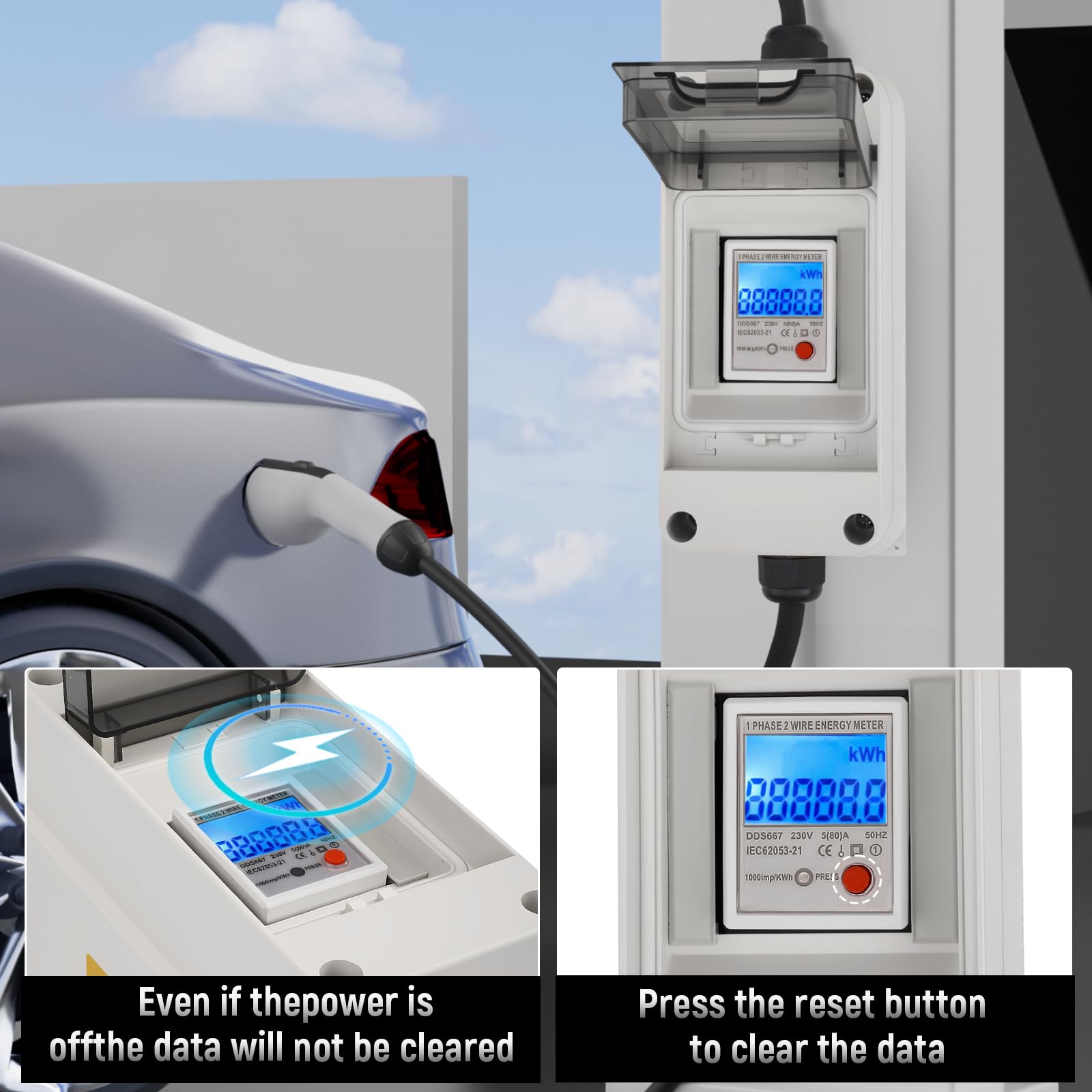Mobiler Digitaler Stromzähler mit Reset, 230V 60A Mobile Meter Intelligenter CEE Outdoor KWH Messgerät IP65 Wasserdichtem Gehäuse für Wohnmobile Elektrofahrzeuge Steckdosen