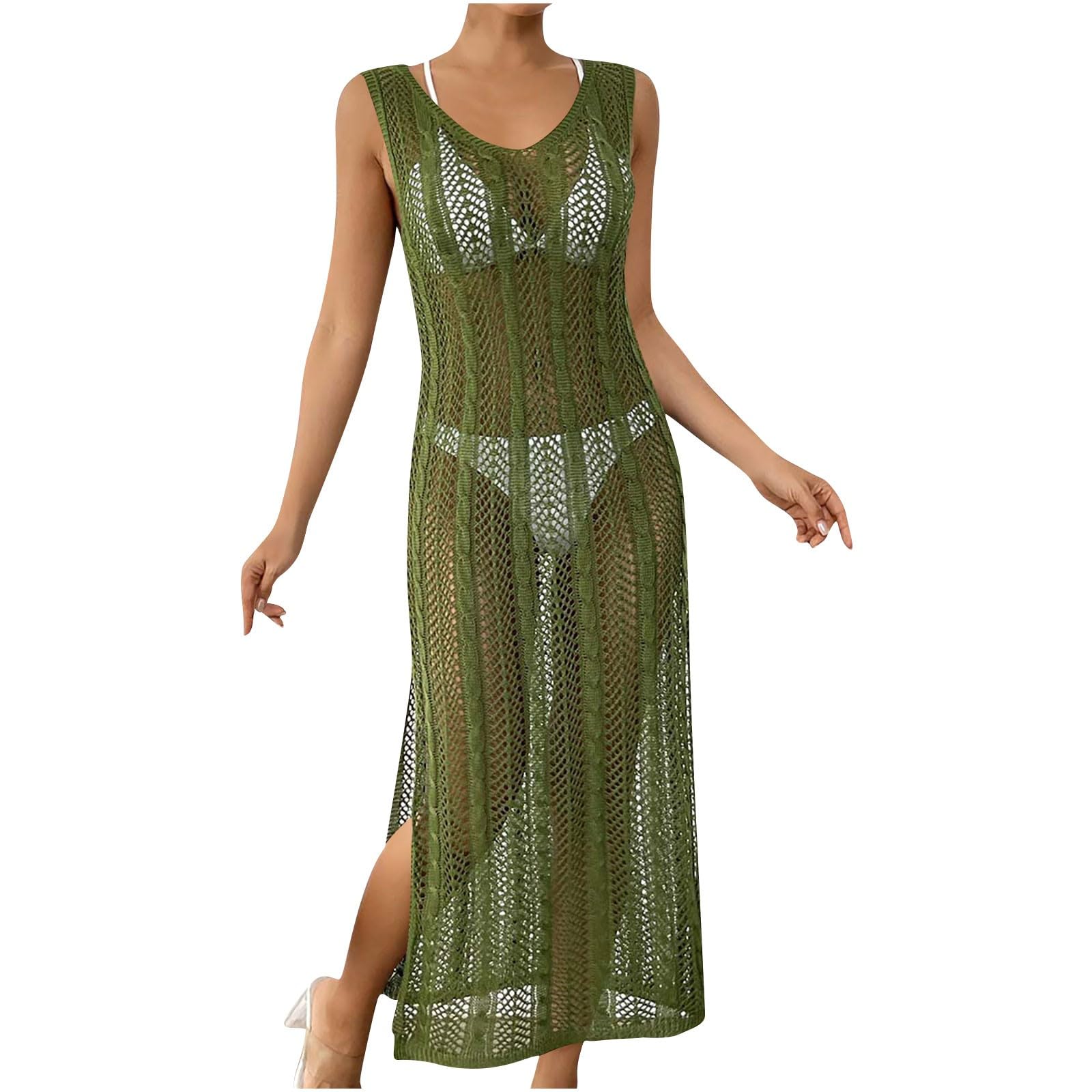 Long Swimwear Cover Ups for Women Breathable Crochet Beach Tunic Bathing Suit Cover Up Openwork Swim Dress Summer