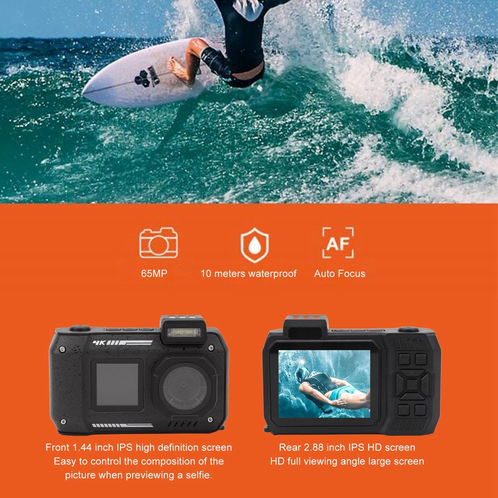 Cámara Subacuática 4K 65MP, Enfoque Automático Zoom óptico 10x, Pantalla Dual, 2500mAh, Cámara Impermeable de 33 Pies, para Bucear (Black)