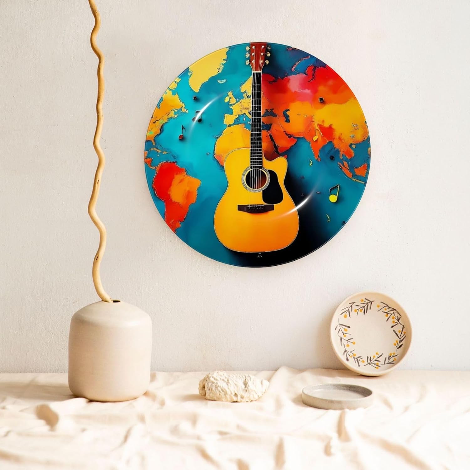 World Map Guitar Illustration Print Decorative Ceramic Plate With Display Stand, Elegant Wall Or Table Decor For Home And Kitchen