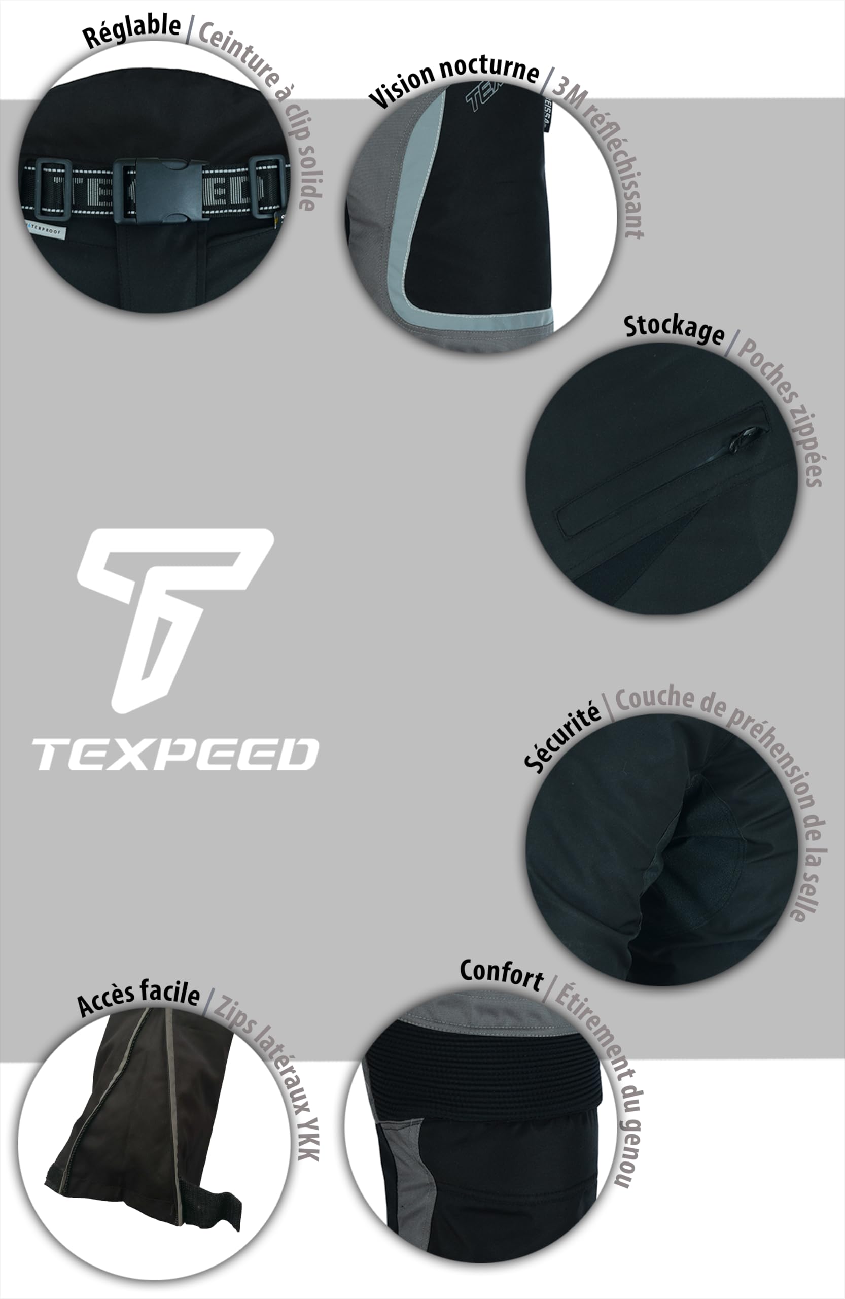 Texpeed Pantalon Moto Homme Homologué - Hiver/été Cordura Imperméable - Avec Armure CE Protection (EN 1621-1) Gris - XL Taille/Longue Jambe