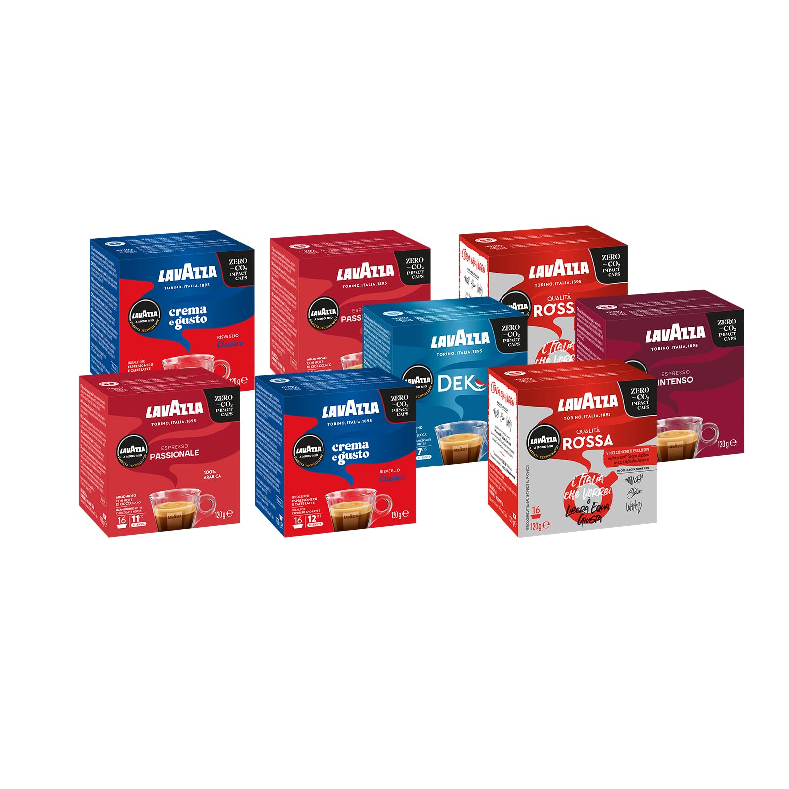 Lavazza, A Modo Mio 128 Capsule Caffè Gusti Assortiti, 8 Confezioni da 16 Capsule, 2xCrema e Gusto, 2xQualità Rossa Limited Edition, 2xPassionale, 1xIntenso, 1xDek Cremoso,(Capsule Lavazza Originali)