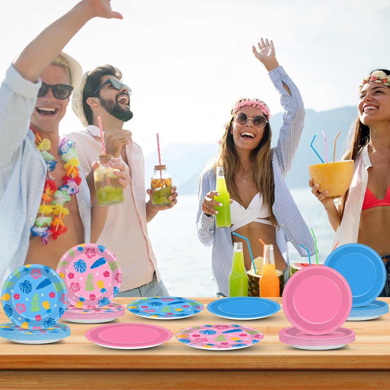 48Pcs Pink Blue Tropical Hibiscus Birthday Party Decorations Aloha Hawaiian Party Paper Plates 7Inch Disposable Hawaii Themed Dinnerware Tableware Set for Kids Baby Shower Table Supplies