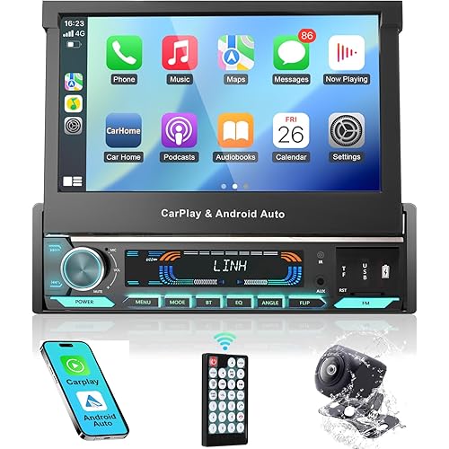 2026 Single Din Car Stereo with Apple CarPlay & Android Auto - 7 Inch Motorized Flip Out Touchscreen Bluetooth 5.1 Car Radio | Backup Camera/Mirror Link/USB/AUX/AM/FM/Subwoofer/DSP