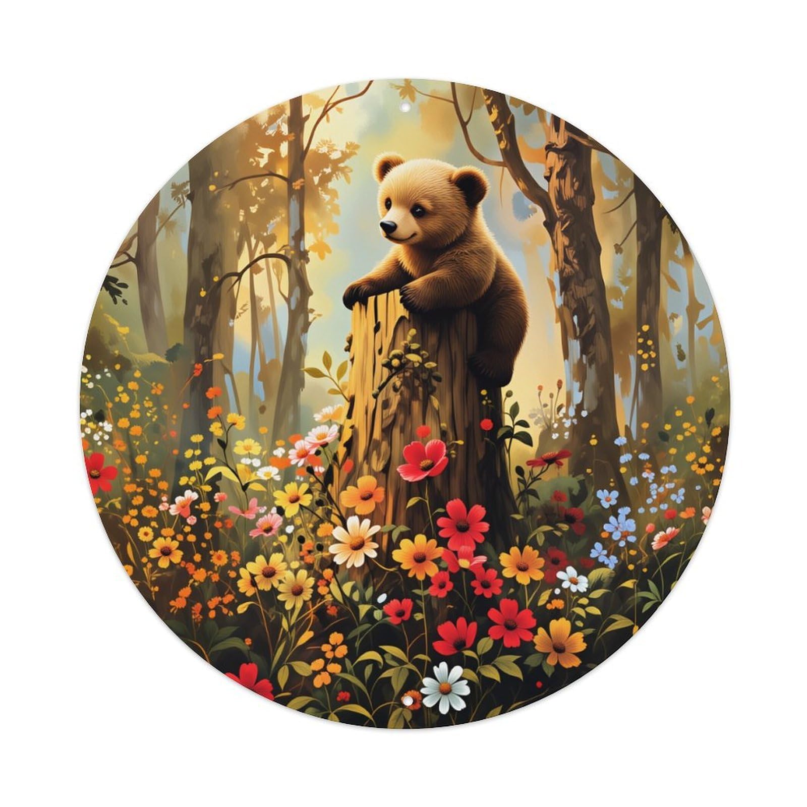 Bear Forest Flowers Sunlight Tree Round Tin Sign Vintage Style Metal Sign Home Bar Garden Wall Plaque Decor Metal Poster 8x8 Inch
