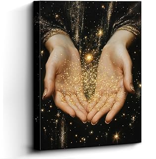 WOXZQ Fantasy Wall Art – 12x15 Inch Magic Hands with Golden Stars Laminate Print – Mystical Celestial Artwork for Bedroom, Living Room, or Office – Hanging & Table Display