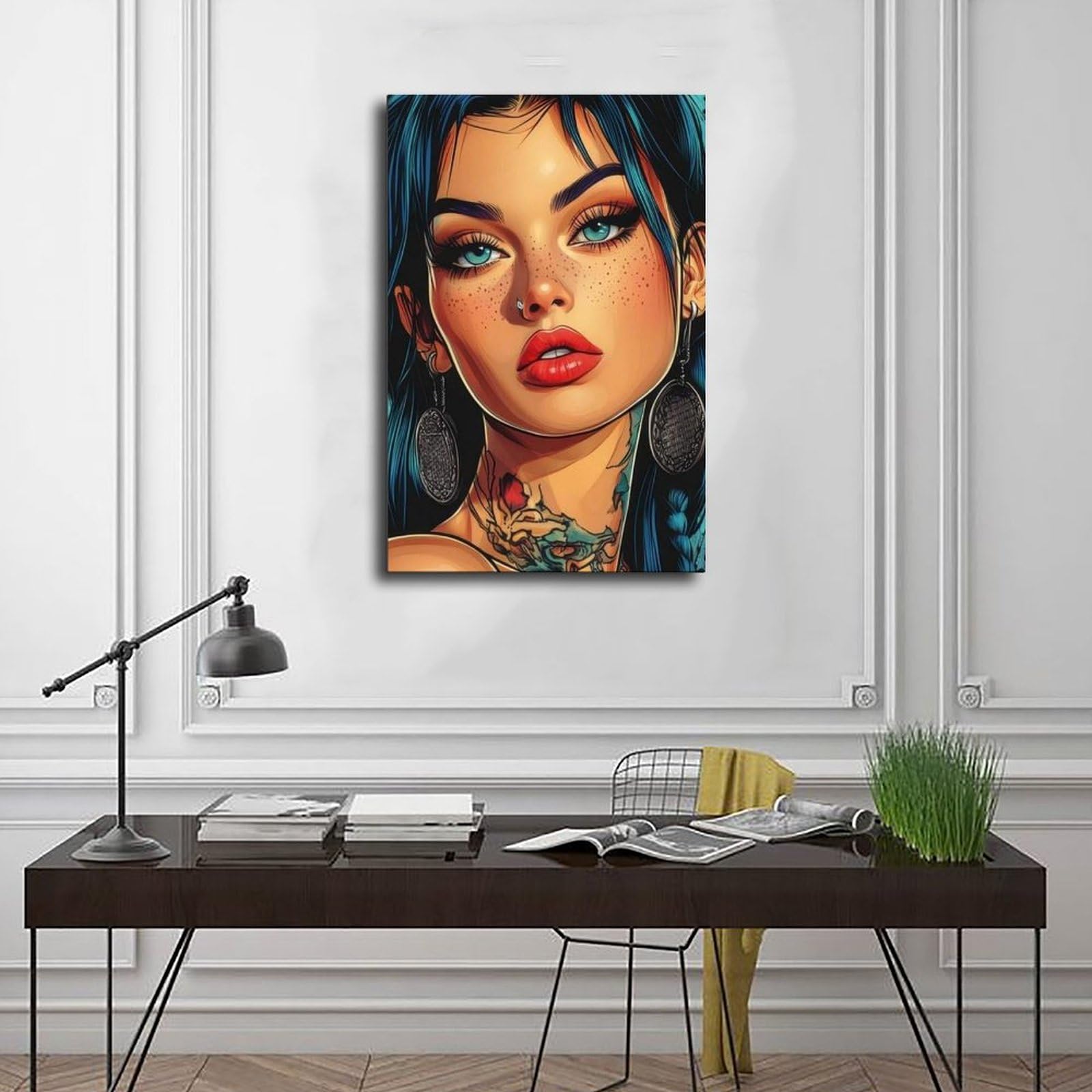 WJWART Poster Pop Art - Femme tatouée audacieuse de style bande dessinée - Décoration de chambre à coucher - Cadeau de décoration de chambre à coucher (60 x 90 cm)