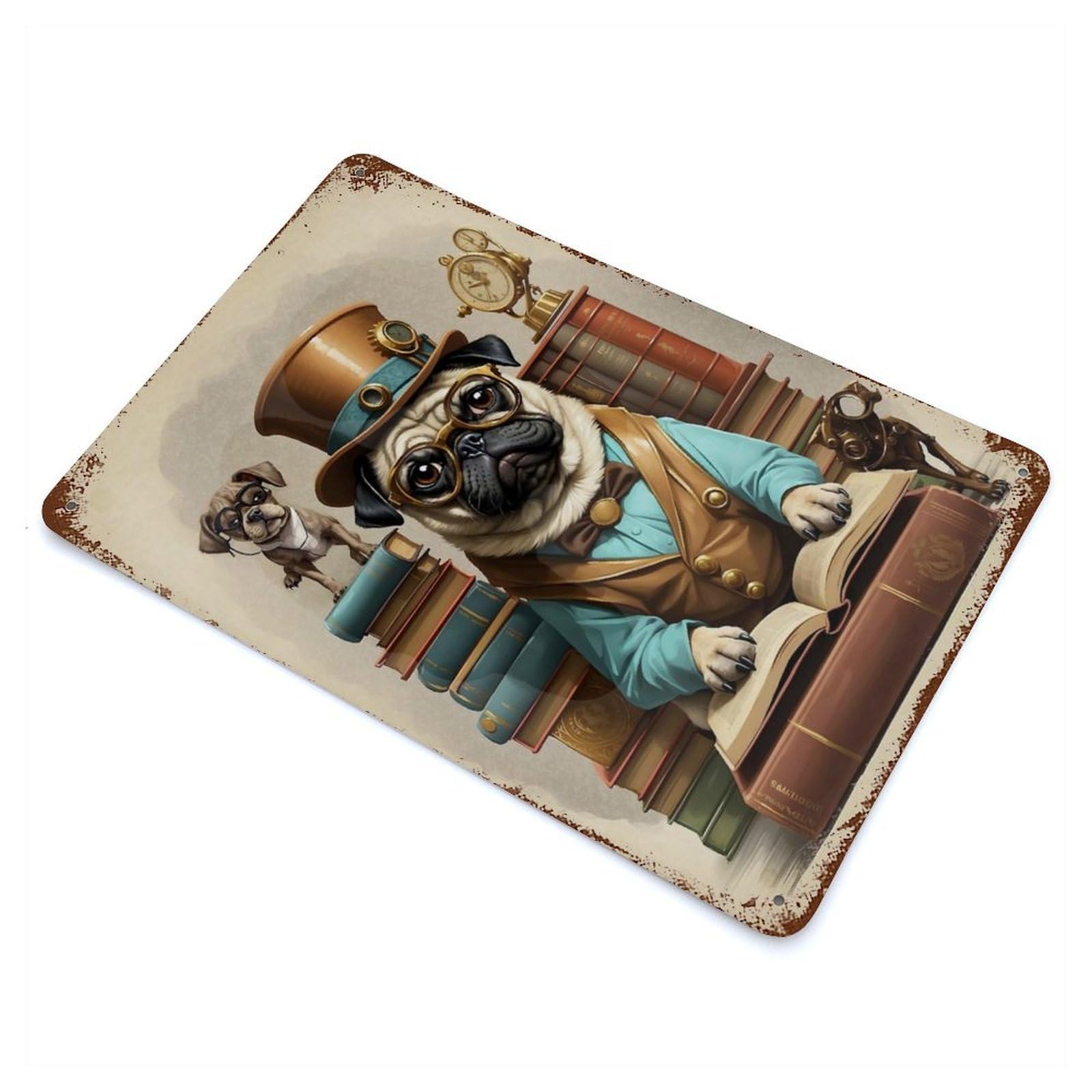 Garage Style Smart Pug Dog School Weathered Tin Sign 11.8"x7.9", Classic Wall Plaque for Bar And Workshop
